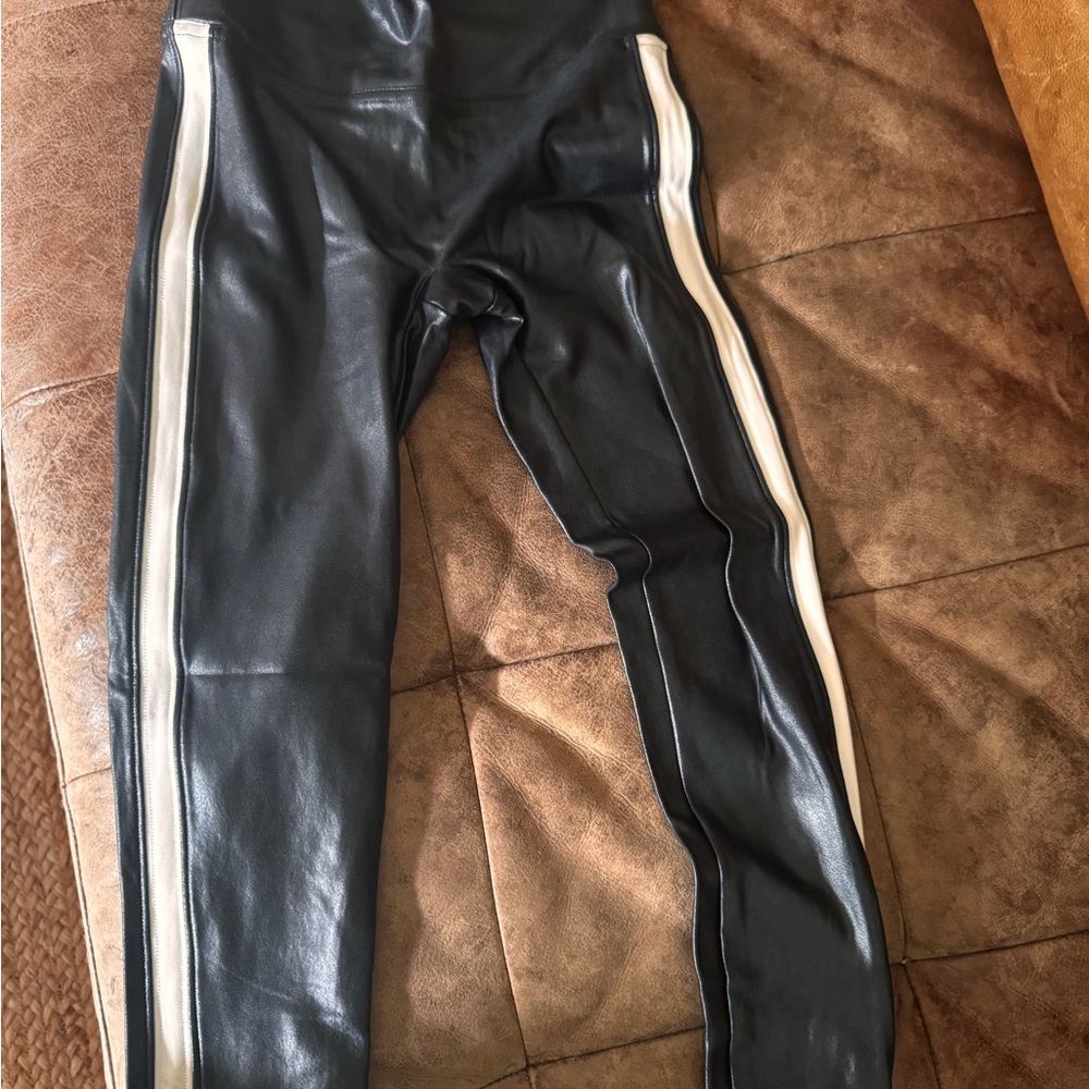 SPANX Black Leggings with White Stripes